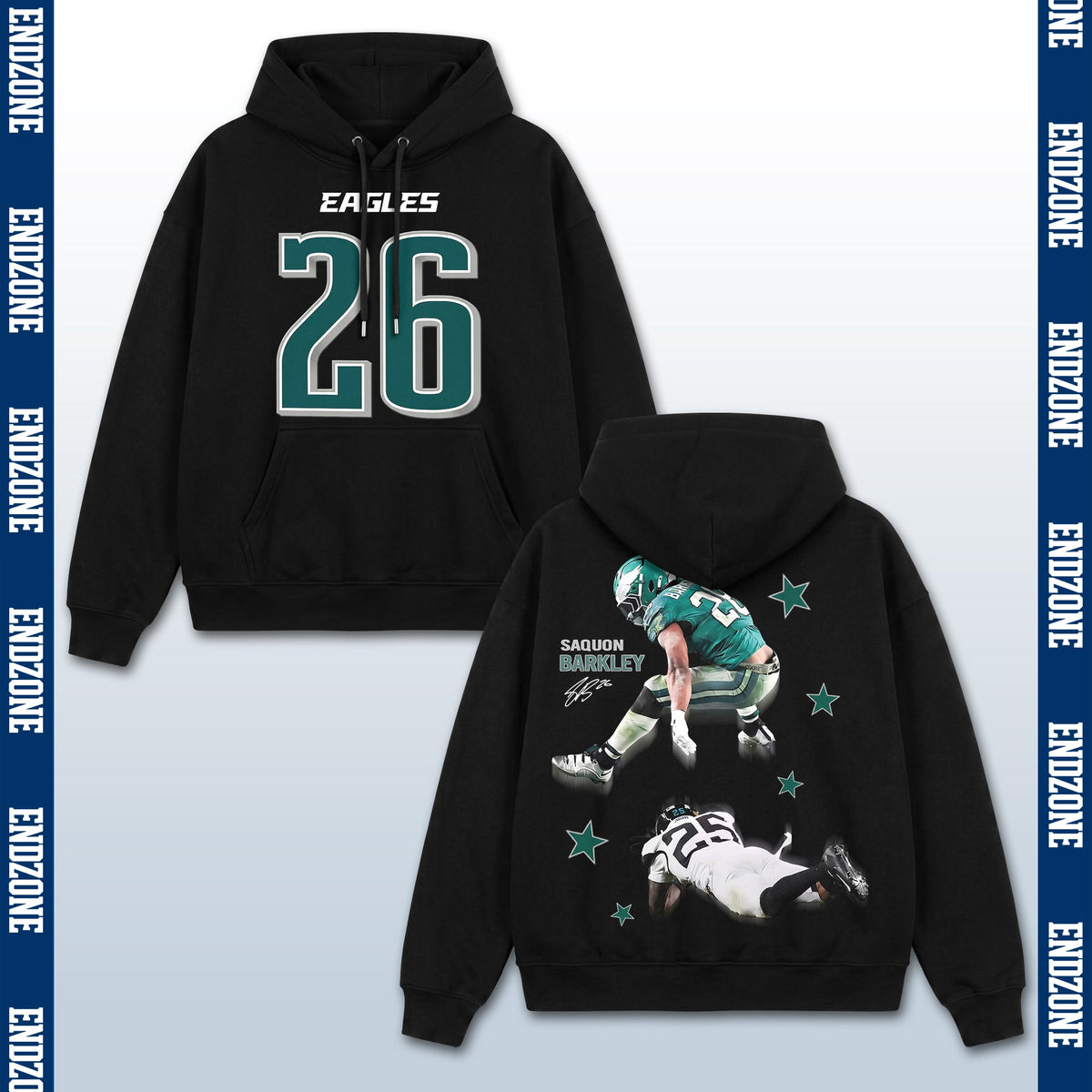 Saquon Barkley Philadelphia Eagles #26 Reverse Hurdle Action Vintage Graphic Hoodie Sweatshirt  – Black