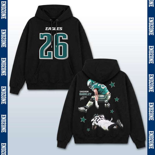 Saquon Barkley Philadelphia Eagles #26 Reverse Hurdle Action Vintage Graphic Hoodie Sweatshirt  – Black