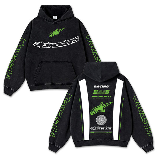 Retro Green Alpinestars Kawasaki Racing Washed Hoodie MotoGP World Champion Enthusiast Apparel Streetwear – image 1