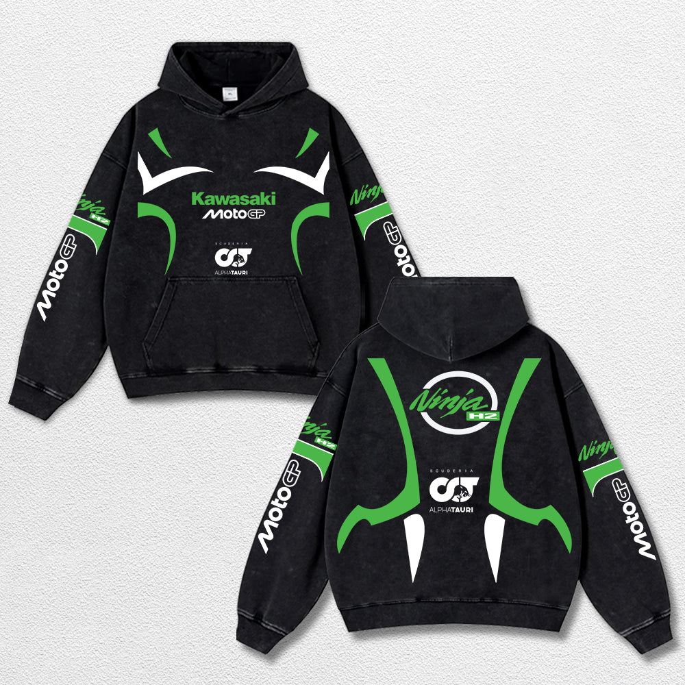 Retro Thunder Alphatauri Kawasaki Ninja H2 Racing Washed Hoodie MotoGP World Champion Enthusiast Apparel  – image 1