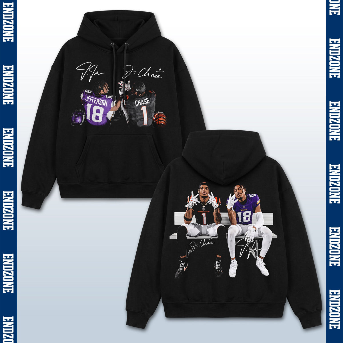 Justin Jefferson #18 & Ja'Marr Chase #1, Minnesota Vikings & Cincinnati Bengals Duo Bench Celeb – Black