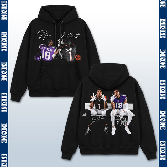 Justin Jefferson #18 & Ja'Marr Chase #1, Minnesota Vikings & Cincinnati Bengals Duo Bench Celeb – Black