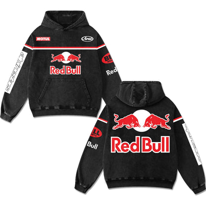 Retro Red Bull Racing Hoodie Black Acid Washed, Red Bull Emblem Motul Arai Bell Helmets Superbi – Black