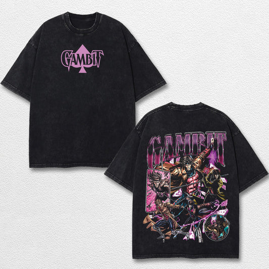 Gambit Xmen Hero Comic Double Printed Oversize Lightweight Acid Washed Tee, Character Marrvel Comics TV S – image 1