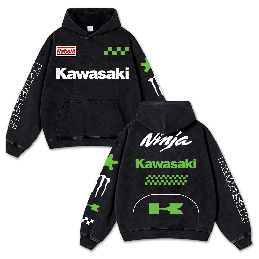 Retro Green Kawasaki Ninja Racing Washed Hoodie MotoGP World Champion Enthusiast Apparel Streetwear Racin – image 1