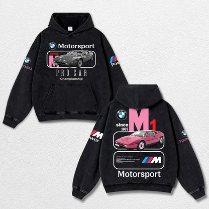 Retro BMW M1 Motosport Racing Washed Hoodie  Fomula 1 World Champion Enthusiast Apparel Streetwear Racing – image 1