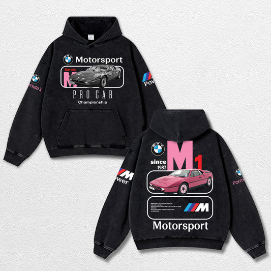 Retro BMW M1 Motosport Racing Washed Hoodie  Fomula 1 World Champion Enthusiast Apparel Streetwear Racing – image 1
