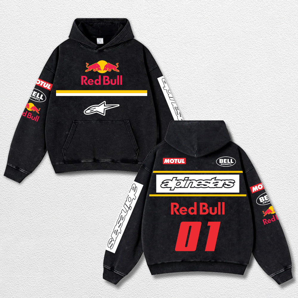 Retro Alpinestars Red Bull 01 Bell Helmets Racing Washed Hoodie MotoGP World Champion Enthusiast Apparel  – image 1