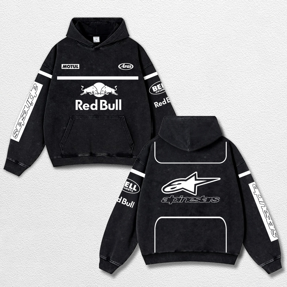 Retro Alpinestars Red Bull White Racing Washed Hoodie MotoGP World Champion Enthusiast Apparel Streetwear – image 1