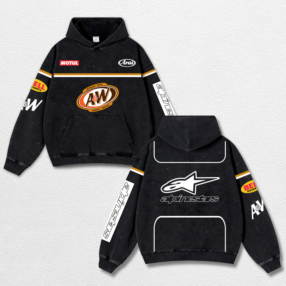 Retro Alpinestars A&W Root Beer Racing Washed Hoodie MotoGP World Champion Enthusiast Apparel Streetwear  – image 1