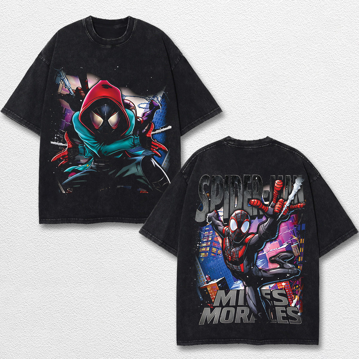 Miles Morales Spider-Verse Hero Comic Double Printed Oversize Lightweight Acid Washed Tee, Character Marr – image 1