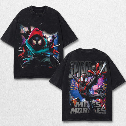 Miles Morales Spider-Verse Hero Comic Double Printed Oversize Lightweight Acid Washed Tee, Character Marr – image 1