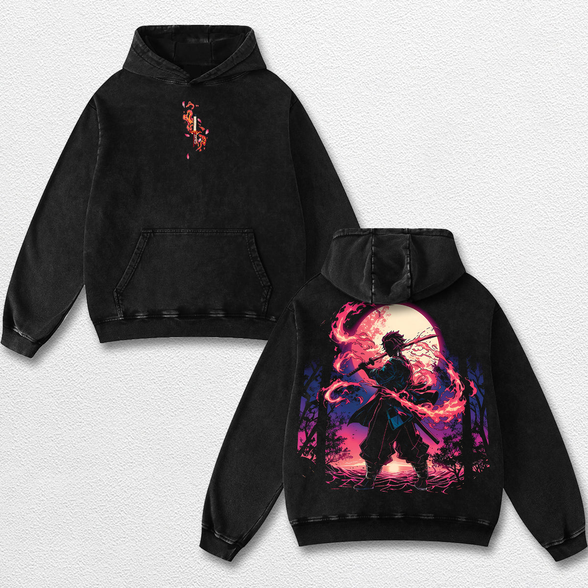Retro Kamado Tanjiro - Demon Slayer Oversize Lightweight Acid Washed Hoodie Sweatshirt Tee, Anime Graphic – image 2