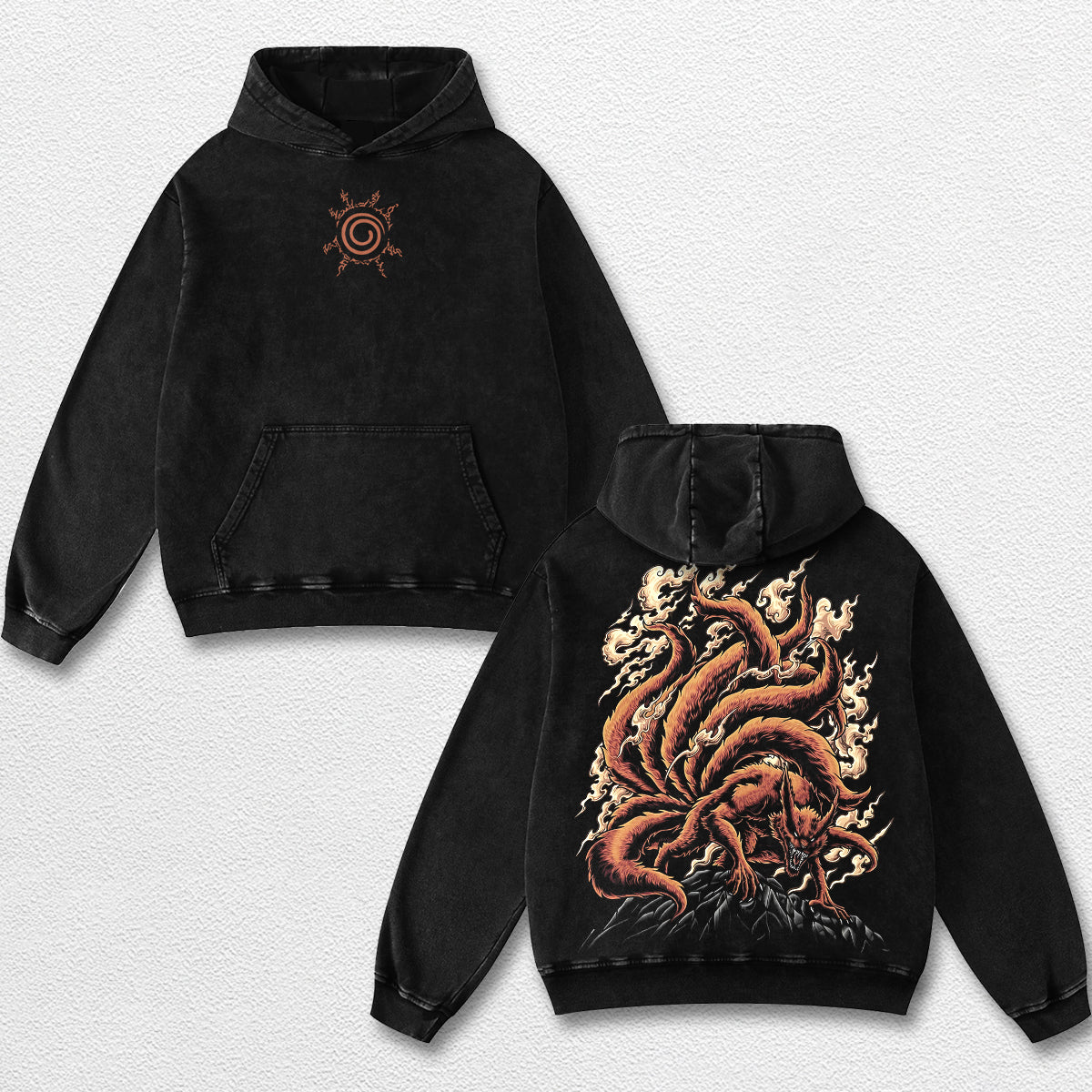 Retro Kurama Nine Tailed Fox - Naruto Oversize Lightweight Acid Washed Hoodie Sweatshirt Tee, Anime Graph – image 2