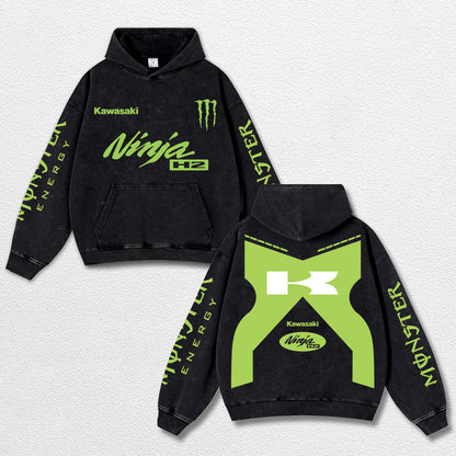 Retro Monster Energy Kawasaki H2 Racing Washed Hoodie MotoGP World Champion Enthusiast Apparel Streetwear – image 1