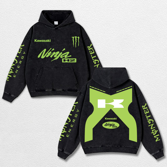 Retro Monster Energy Kawasaki H2 Racing Washed Hoodie MotoGP World Champion Enthusiast Apparel Streetwear – image 1