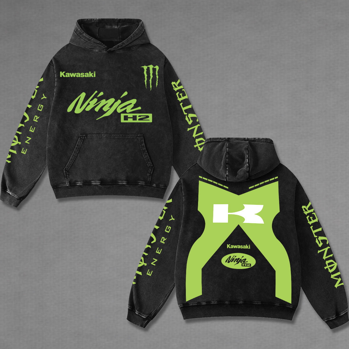 Kawasaki Ninja H2 Biker Hoodie Washed Vintage MotoGP Racing Streetwear, Motorcycle Graphic Hoodie Unisex, – image 1