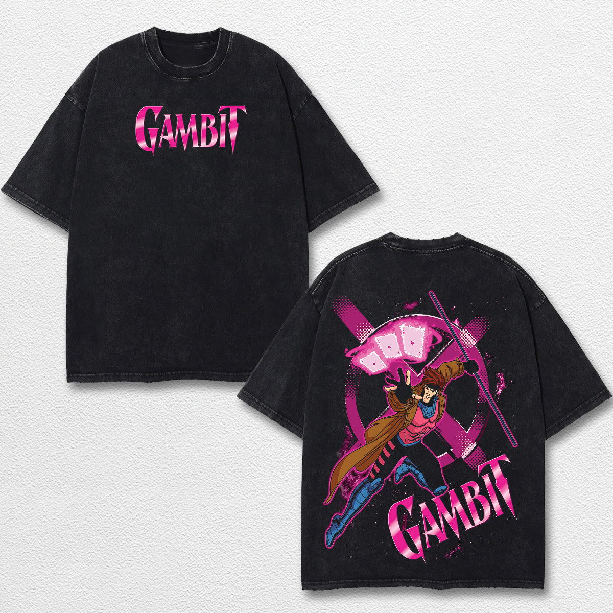 Gambit Xmen Hero Comic Double Printed Oversize Lightweight Acid Washed Tee, Character Marrvel Comics TV S – image 1