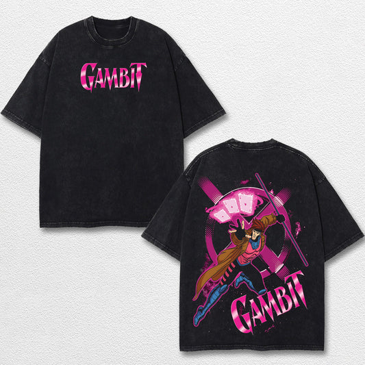 Gambit Xmen Hero Comic Double Printed Oversize Lightweight Acid Washed Tee, Character Marrvel Comics TV S – image 1