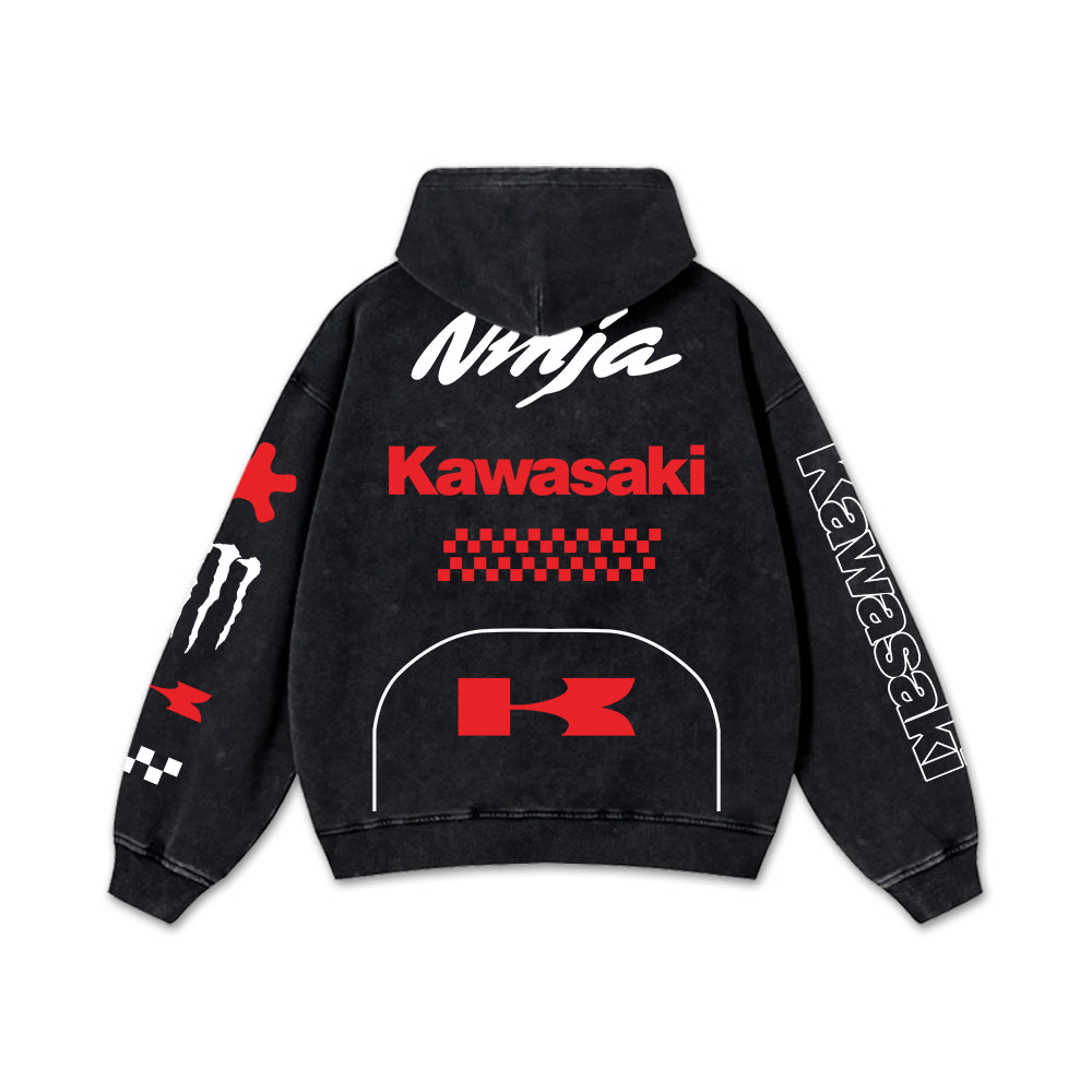 Retro Red Kawasaki Ninja Racing Washed Hoodie MotoGP World Champion Enthusiast Apparel Streetwear Racing  – image 3