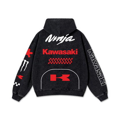Retro Red Kawasaki Ninja Racing Washed Hoodie MotoGP World Champion Enthusiast Apparel Streetwear Racing  – image 3