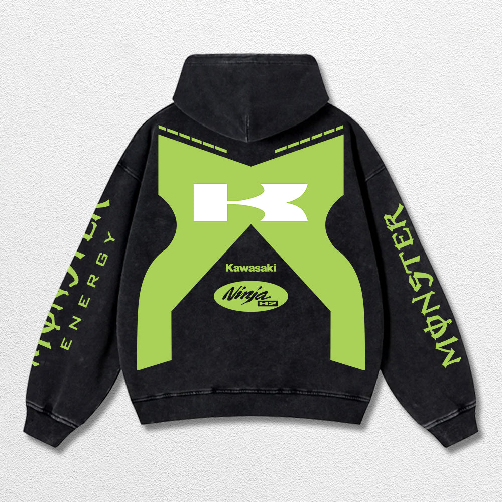 Retro Monster Energy Kawasaki H2 Racing Washed Hoodie MotoGP World Champion Enthusiast Apparel Streetwear – image 2