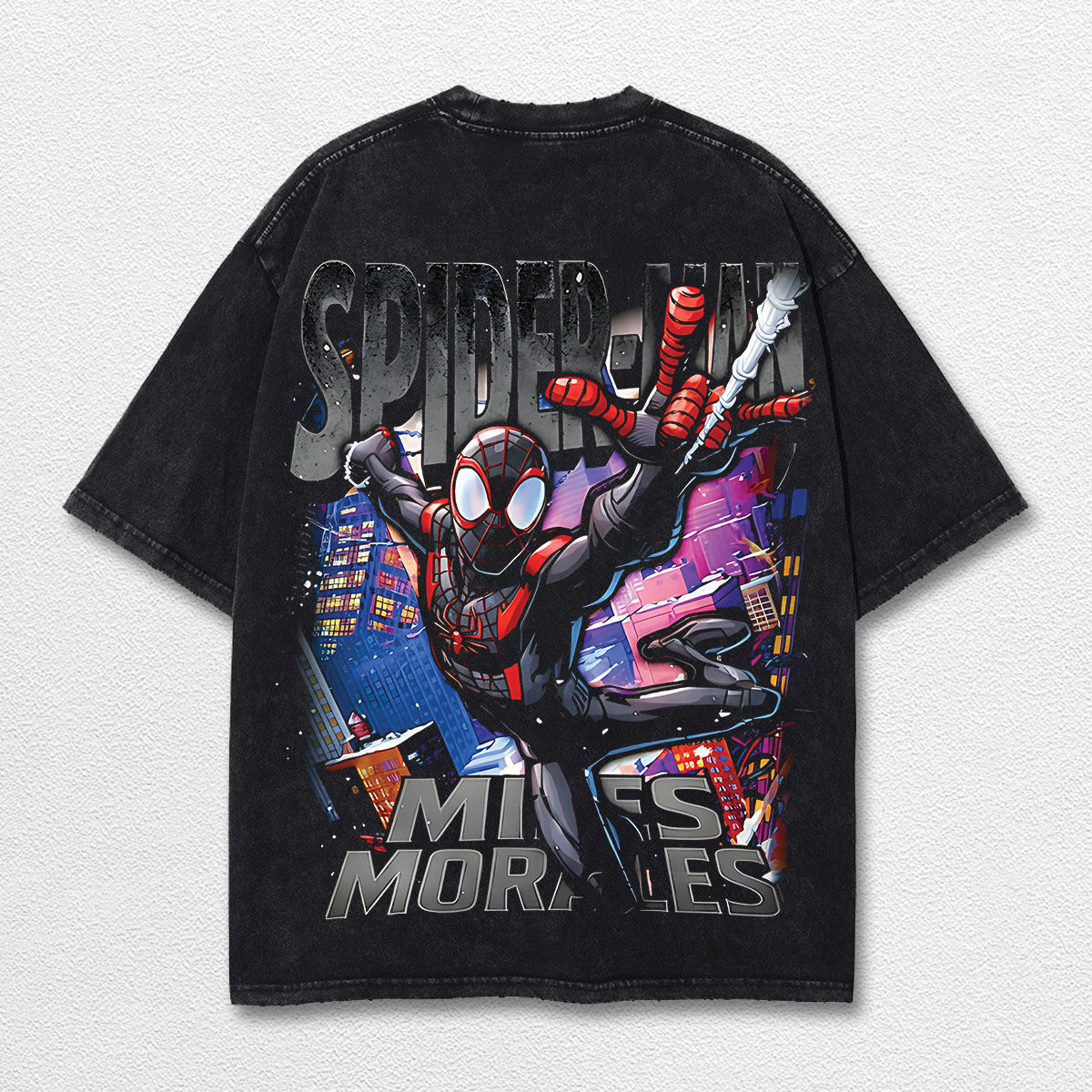 Miles Morales Spider-Verse Hero Comic Double Printed Oversize Lightweight Acid Washed Tee, Character Marr – image 2