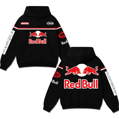Retro Red Bull Racing Hoodie Black Acid Washed, Red Bull Emblem Motul Arai Bell Helmets Superbi – Black