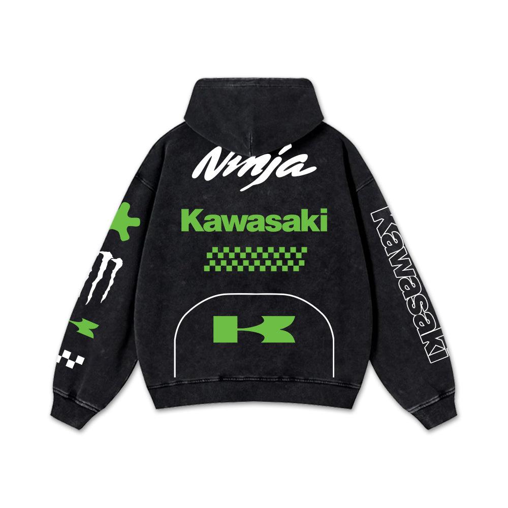 Retro Green Kawasaki Ninja Racing Washed Hoodie MotoGP World Champion Enthusiast Apparel Streetwear Racin – image 3