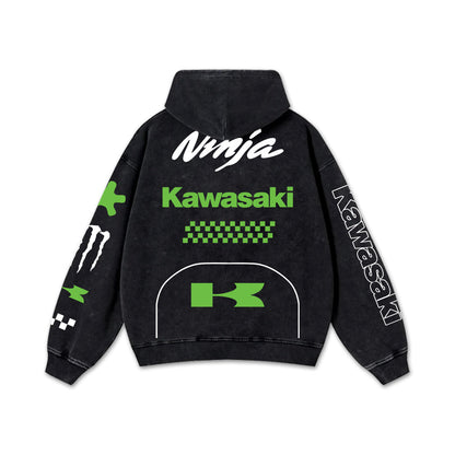 Retro Green Kawasaki Ninja Racing Washed Hoodie MotoGP World Champion Enthusiast Apparel Streetwear Racin – image 3