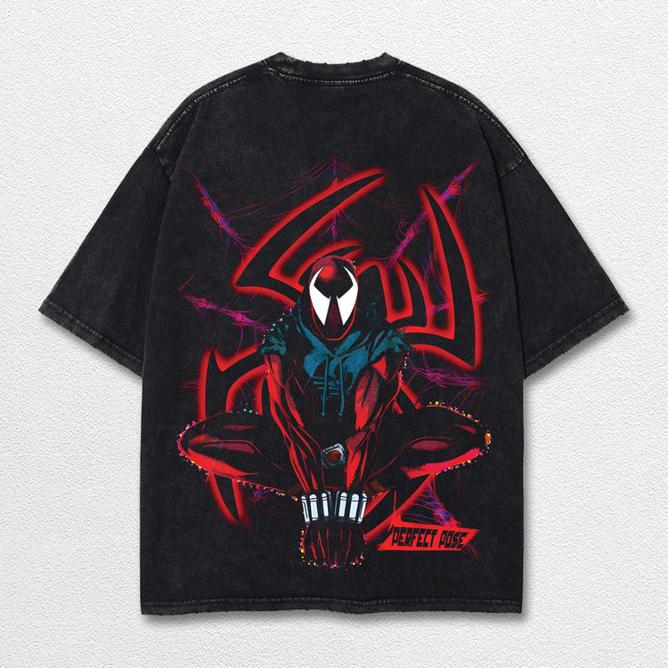 Spider Man Perfect Pose Hero Comic Double Printed Oversize Lightweight Acid Washed Tee, Character Marrvel Comics TV Series Graphic Design Unisex Top Cotton Streetwear T-Shirt Clothes Menswear