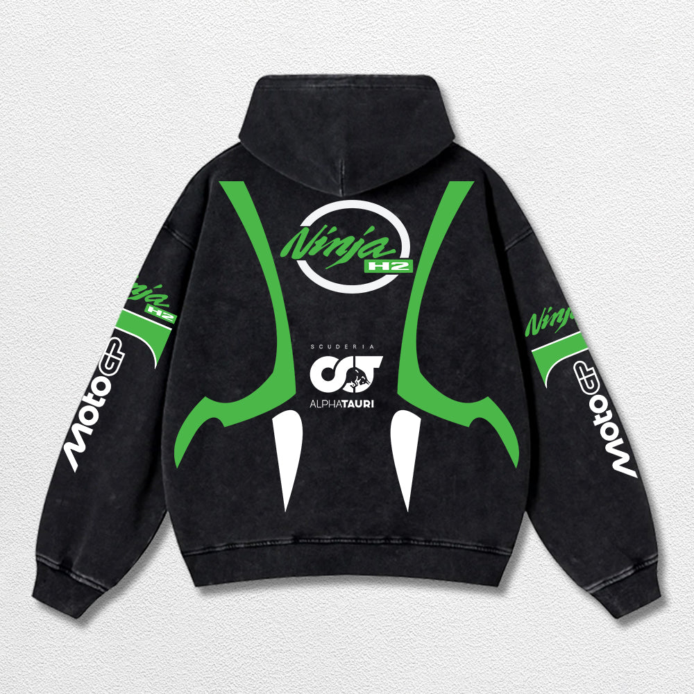 Retro Thunder Alphatauri Kawasaki Ninja H2 Racing Washed Hoodie MotoGP World Champion Enthusiast Apparel  – image 2