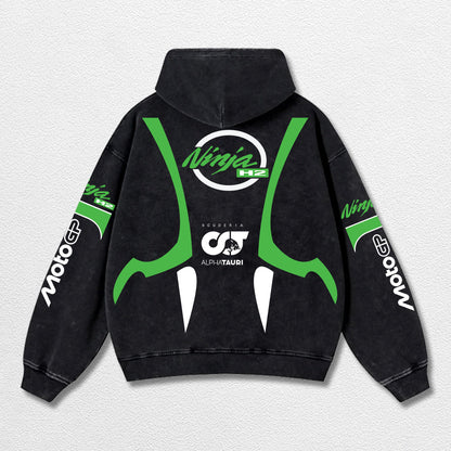 Retro Thunder Alphatauri Kawasaki Ninja H2 Racing Washed Hoodie MotoGP World Champion Enthusiast Apparel  – image 2