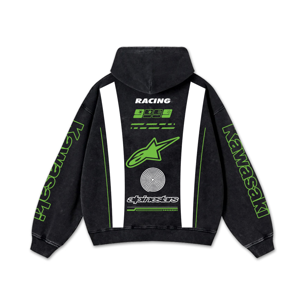 Retro Green Alpinestars Kawasaki Racing Washed Hoodie MotoGP World Champion Enthusiast Apparel Streetwear – image 3