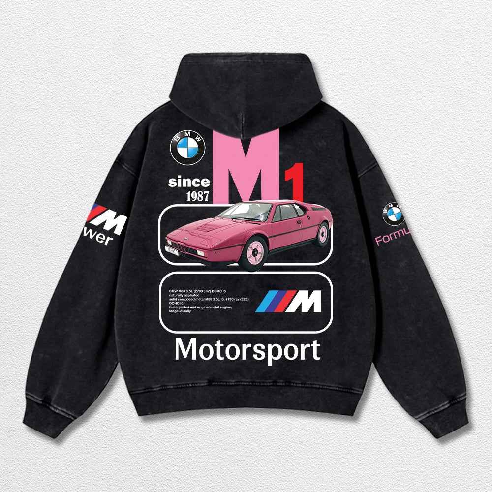 Retro BMW M1 Motosport Racing Washed Hoodie  Fomula 1 World Champion Enthusiast Apparel Streetwear Racing – image 3