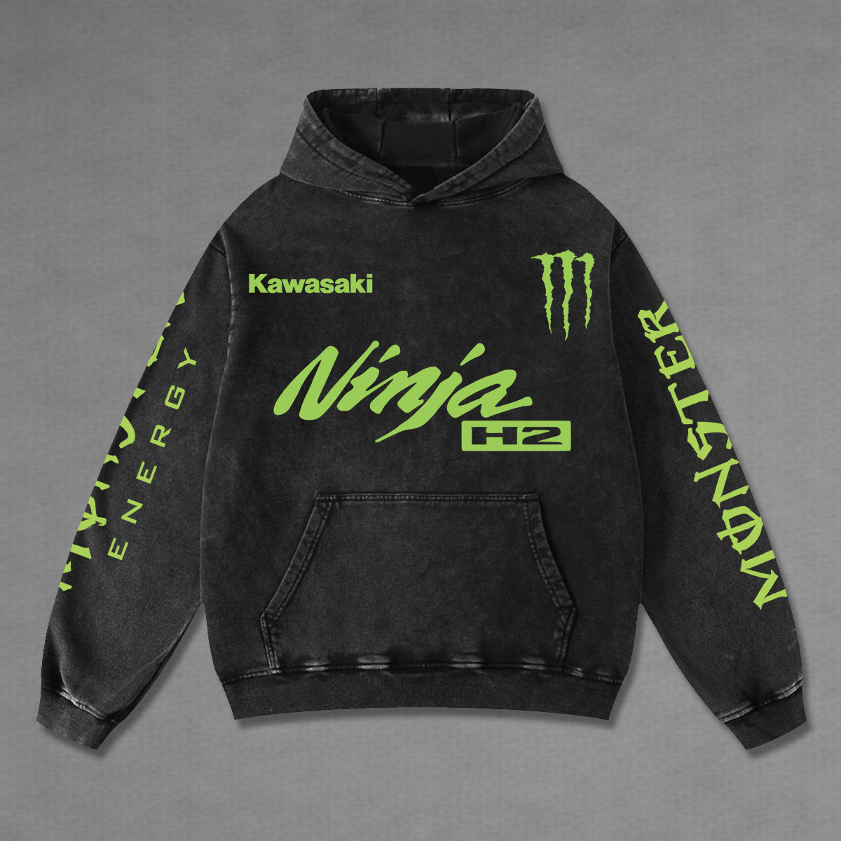 Kawasaki Ninja H2 Biker Hoodie Washed Vintage MotoGP Racing Streetwear, Motorcycle Graphic Hoodie Unisex, – image 2