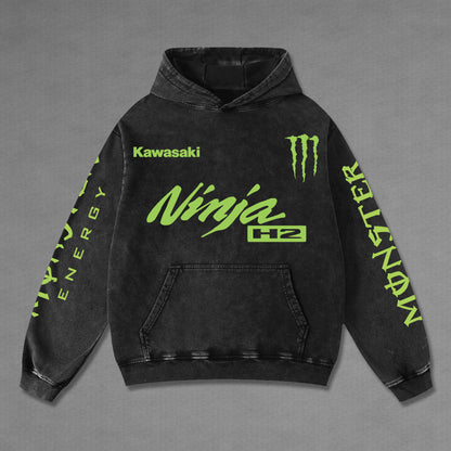 Kawasaki Ninja H2 Biker Hoodie Washed Vintage MotoGP Racing Streetwear, Motorcycle Graphic Hoodie Unisex, – image 2