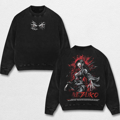 Retro Nezuko Kamado - Demon Slayer Oversize Lightweight Acid Washed Hoodie Sweatshirt Tee, Anime Graphic  – image 3