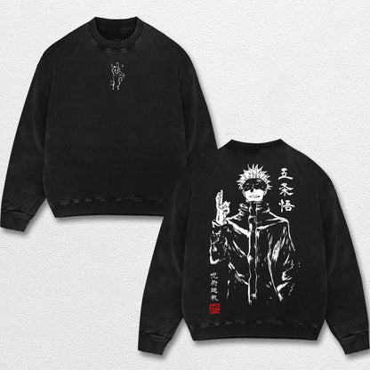 Retro Sumi E Gojo Satoru - Jujutsu Kaisen Oversize Lightweight Acid Washed Hoodie Sweatshirt Tee, Anime G – image 3