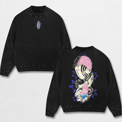 Retro Akaza and Koyuki - Demon Slayer Oversize Lightweight Acid Washed Hoodie Sweatshirt Tee, Anime Graph – image 3