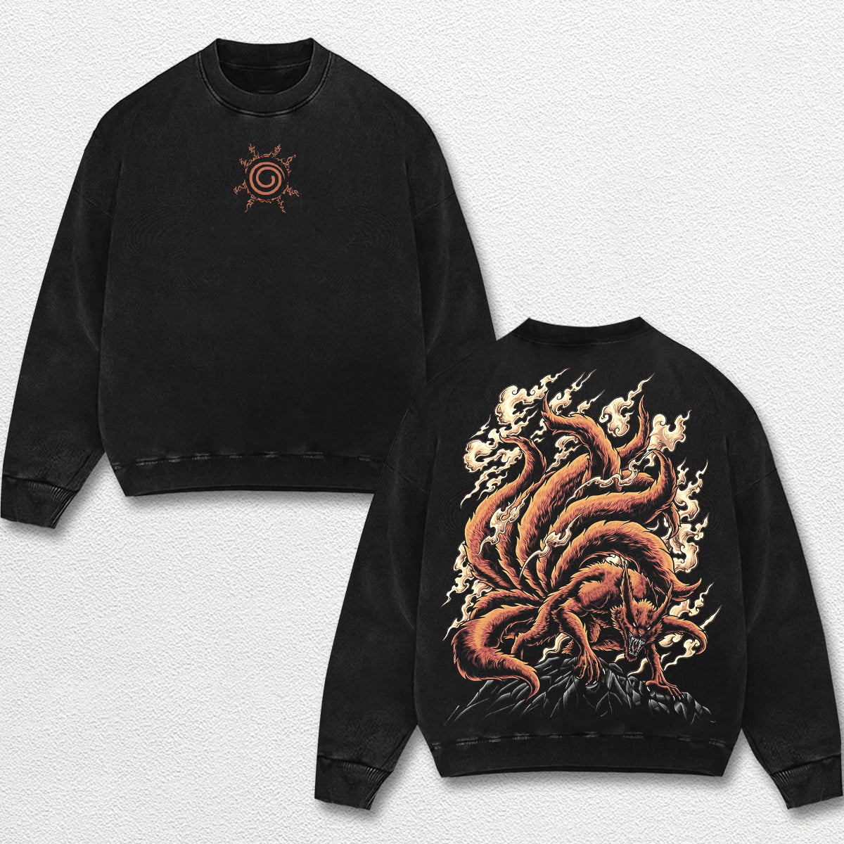 Retro Kurama Nine Tailed Fox - Naruto Oversize Lightweight Acid Washed Hoodie Sweatshirt Tee, Anime Graph – image 3