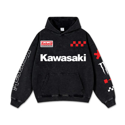 Retro Red Kawasaki Ninja Racing Washed Hoodie MotoGP World Champion Enthusiast Apparel Streetwear Racing  – image 2
