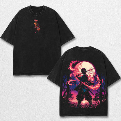 Retro Kamado Tanjiro - Demon Slayer Oversize Lightweight Acid Washed Hoodie Sweatshirt Tee, Anime Graphic – image 1