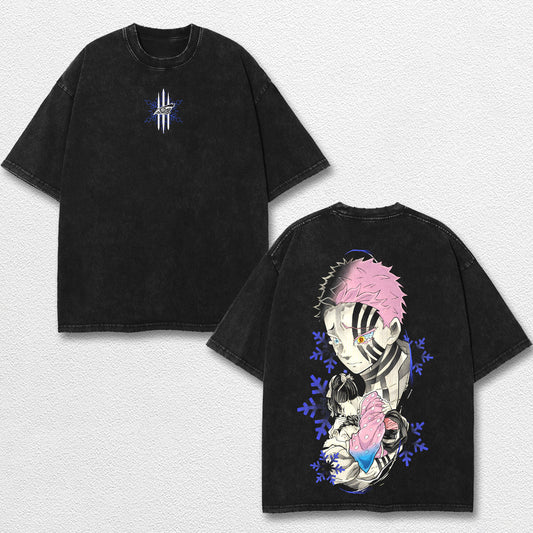 Retro Akaza and Koyuki - Demon Slayer Oversize Lightweight Acid Washed Hoodie Sweatshirt Tee, Anime Graph – image 1