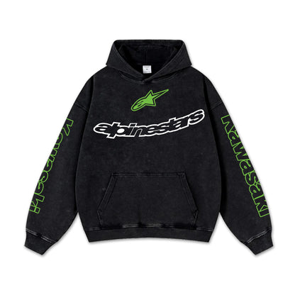 Retro Green Alpinestars Kawasaki Racing Washed Hoodie MotoGP World Champion Enthusiast Apparel Streetwear – image 2