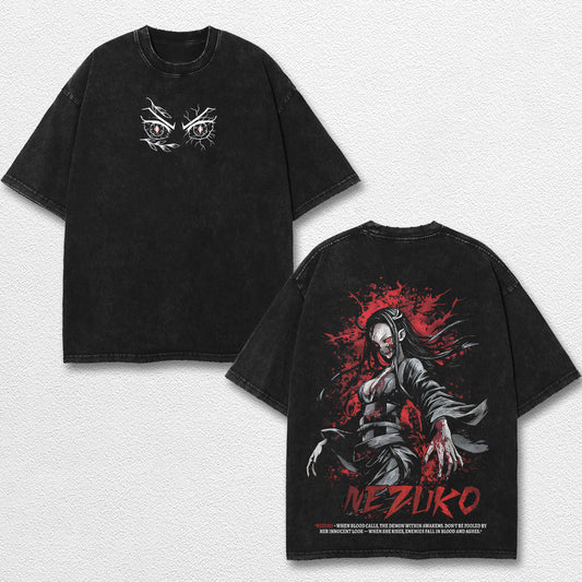 Retro Nezuko Kamado - Demon Slayer Oversize Lightweight Acid Washed Hoodie Sweatshirt Tee, Anime Graphic  – image 1