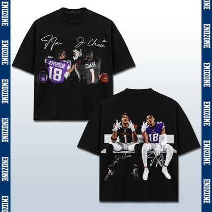 Justin Jefferson #18 & Ja'Marr Chase #1, Minnesota Vikings & Cincinnati Bengals Duo Bench Celeb – Black