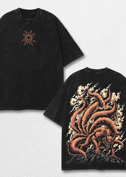 Retro Kurama Nine Tailed Fox - Naruto Oversize Lightweight Acid Washed Hoodie Sweatshirt Tee, Anime Graph – image 1