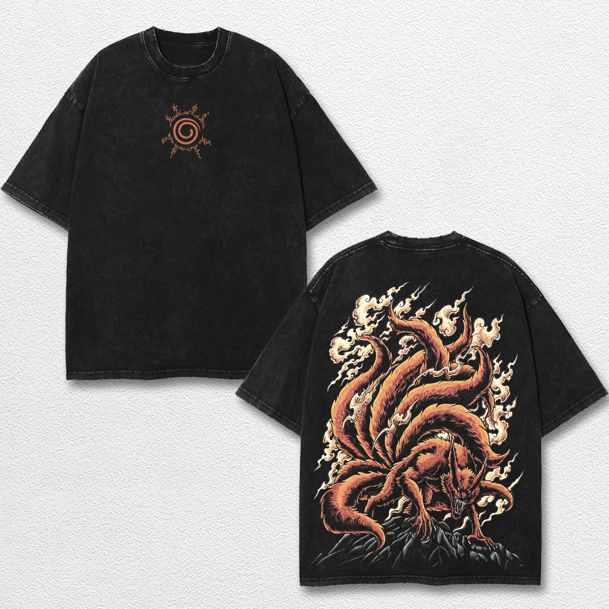Retro Kurama Nine Tailed Fox - Naruto Oversize Lightweight Acid Washed Hoodie Sweatshirt Tee, Anime Graph – image 1
