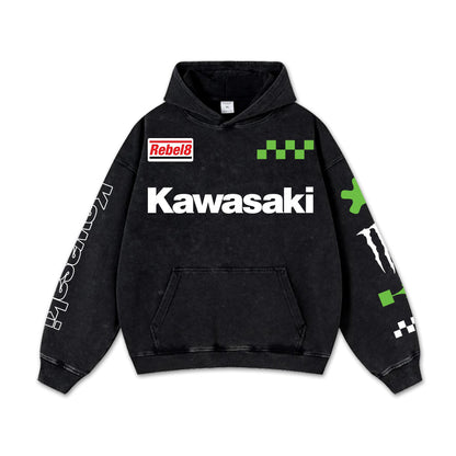 Retro Green Kawasaki Ninja Racing Washed Hoodie MotoGP World Champion Enthusiast Apparel Streetwear Racin – image 2